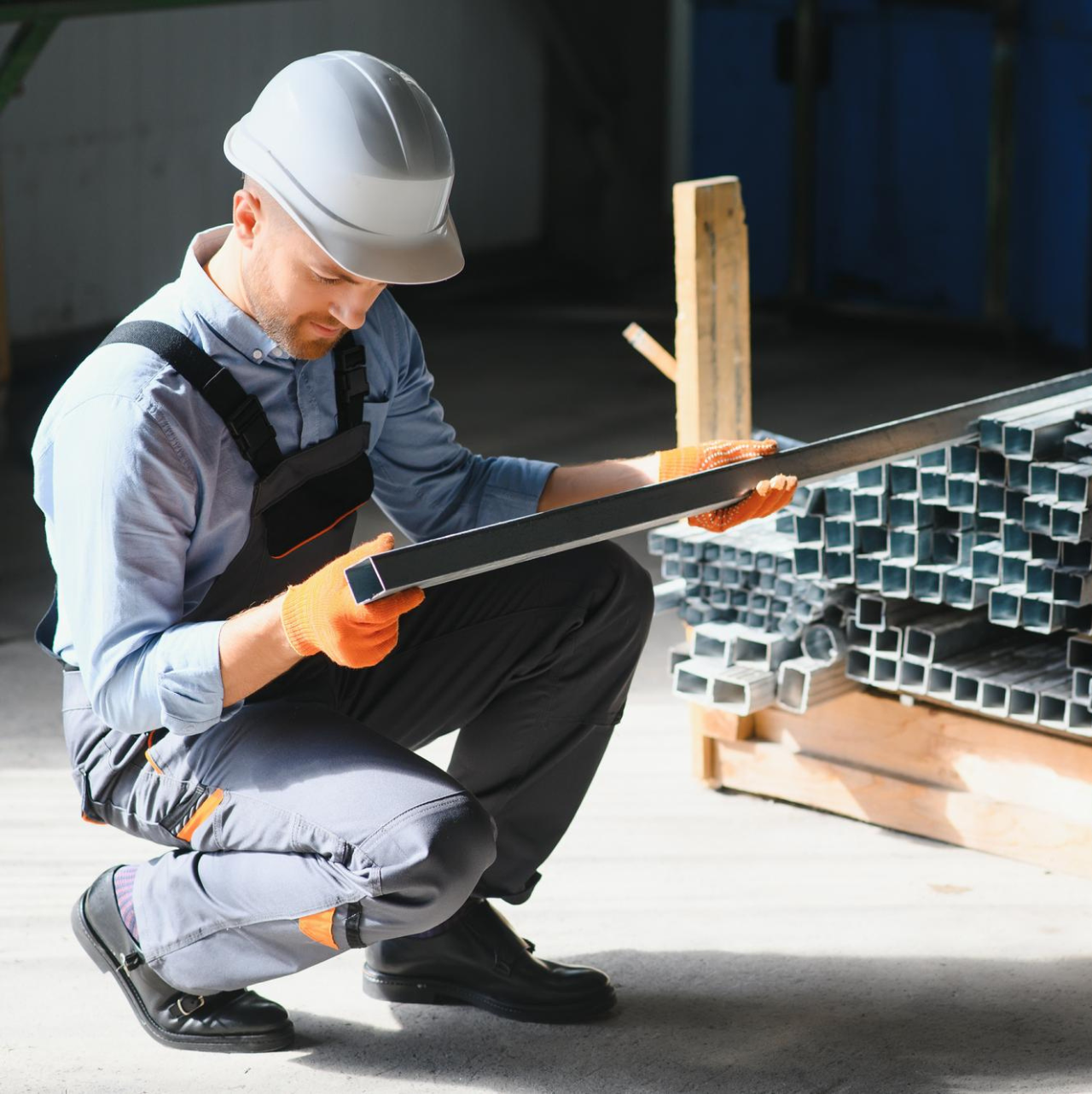 Hombre en cuclillas mirando barra de metal